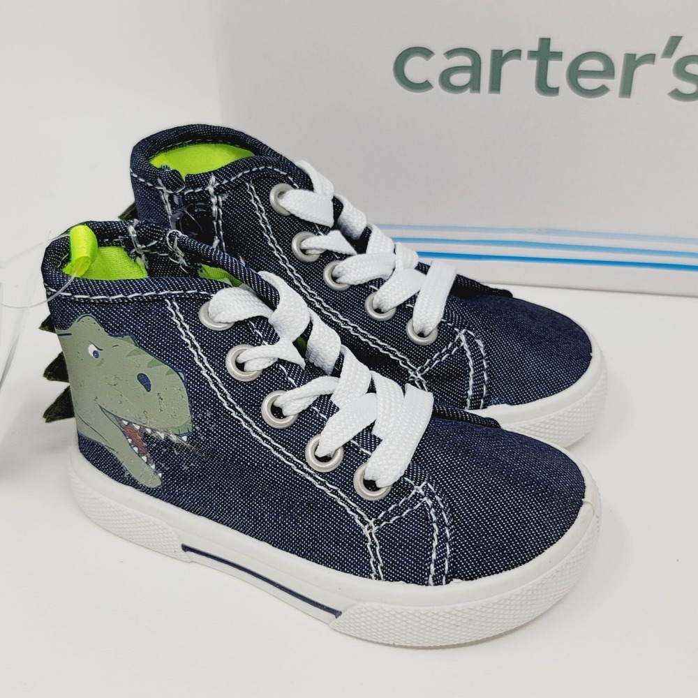 Carter's Nash Toddlers Sneakers Sz 5 High Tops Navy Blue Canvas Dinosaur